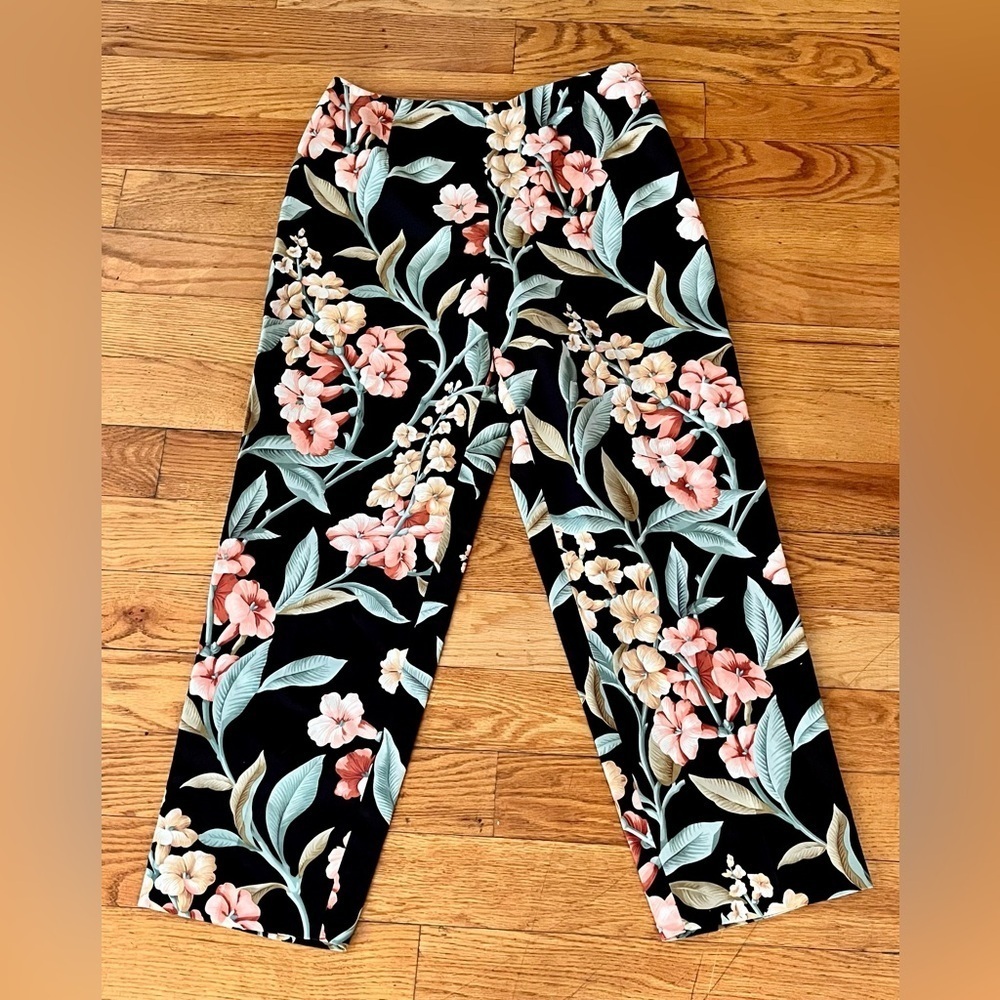Talbots Silk Cotton Floral Capri Pants 10P Black Botanical Tapered Side Zip VTG